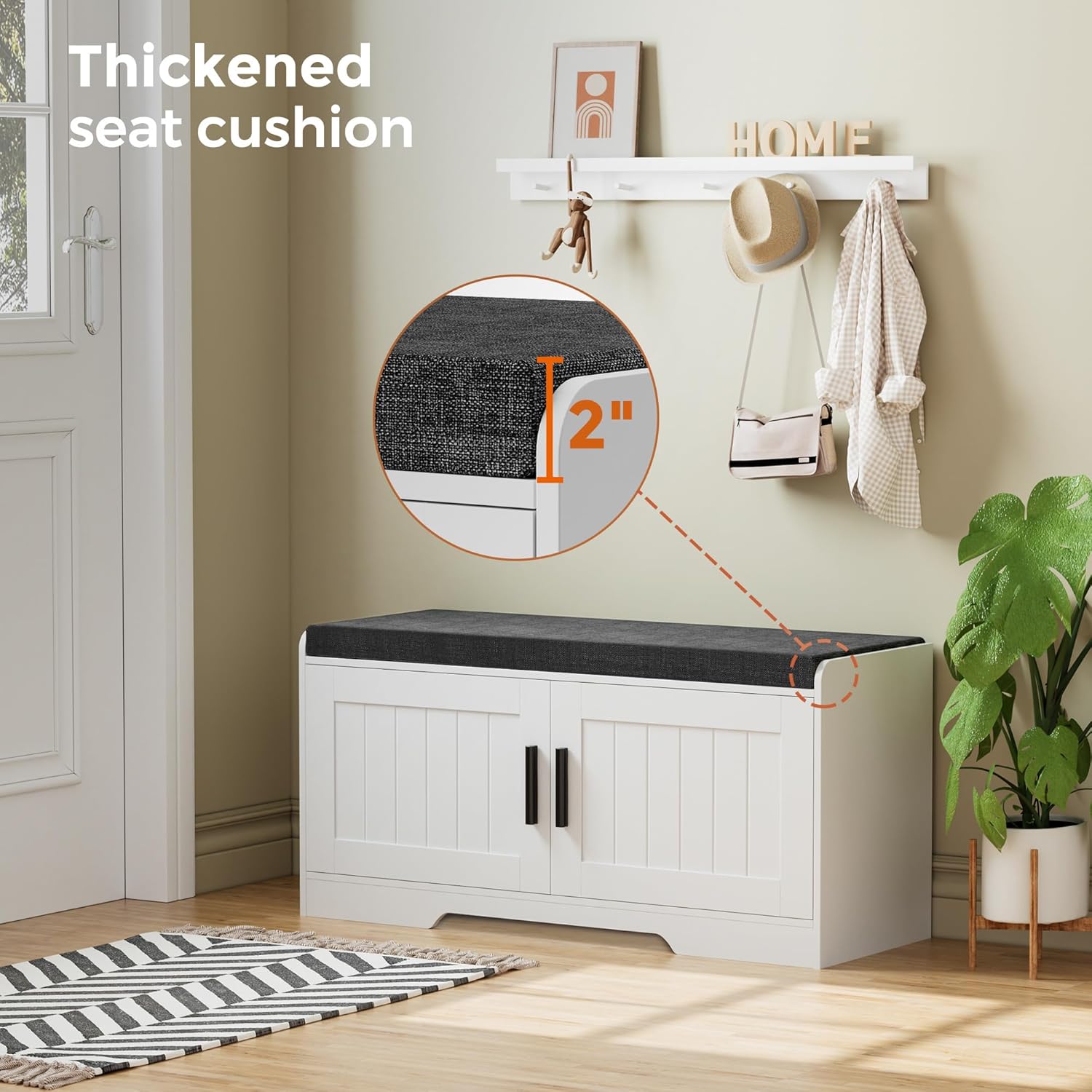 2-Tier Storage Bench, Shoe Bench with Thickened Padded Seat Cushion, Entryway Bench with 4 Doors, Adjustable Shelf, 13.8" D x 45.3" W x 18.5" H, for Entryway, Living Room, Bedroom, White wourant