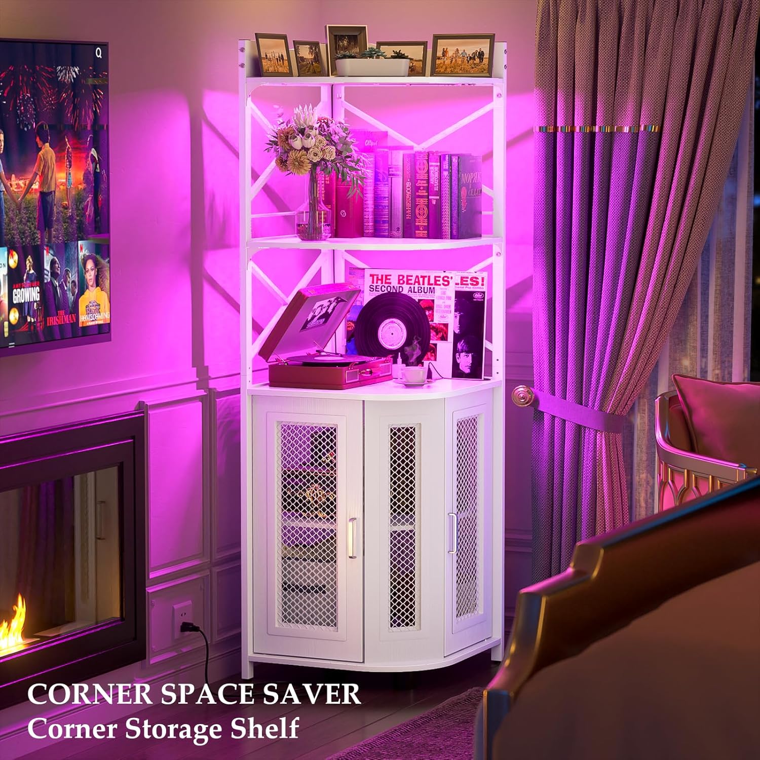 Corner bar cabinet with power socket, industrial style wine cabinet with LED light strip and glass rack, home five-layer wine cabinet bar unit, small space corner display cabinet wourant