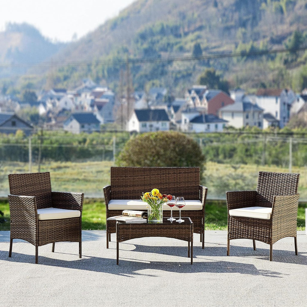 Sweetcripy Patio Furniture Set 3 Pieces, Outdoor Furniture with Soft Cushion and Glass Table, All Weather Manual Weaving Wicker Rattan Patio Chairs for Garden, Terrace, Porch(Black and Beige) wourant