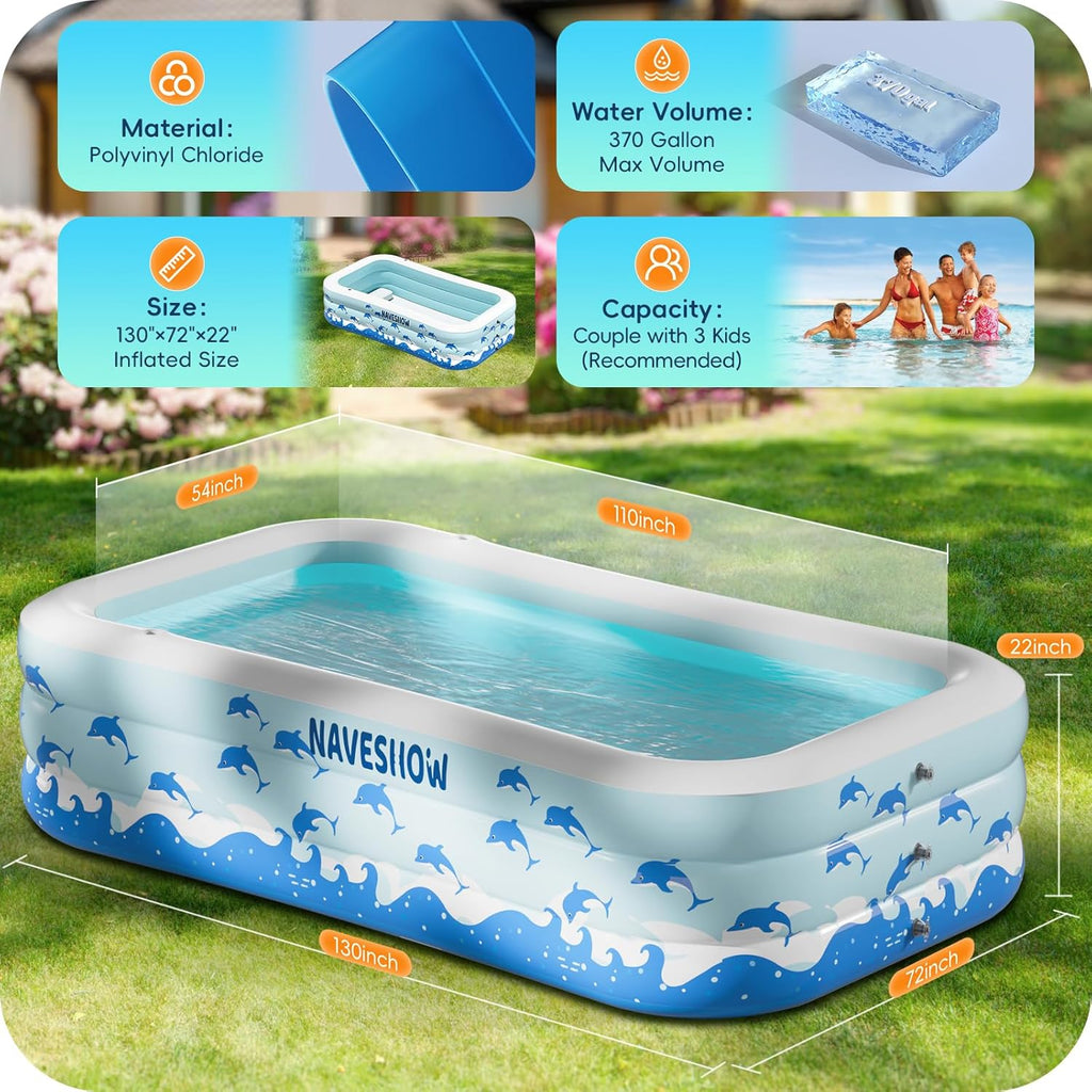 Inflatable Swimming Pool with Seats, 130" x 72" x 22" Full-Sized Durable PVC Thickened Above Ground Family Blow Up Pool for Outdoor Summer Water Party Backyard Garden Lawn wourant