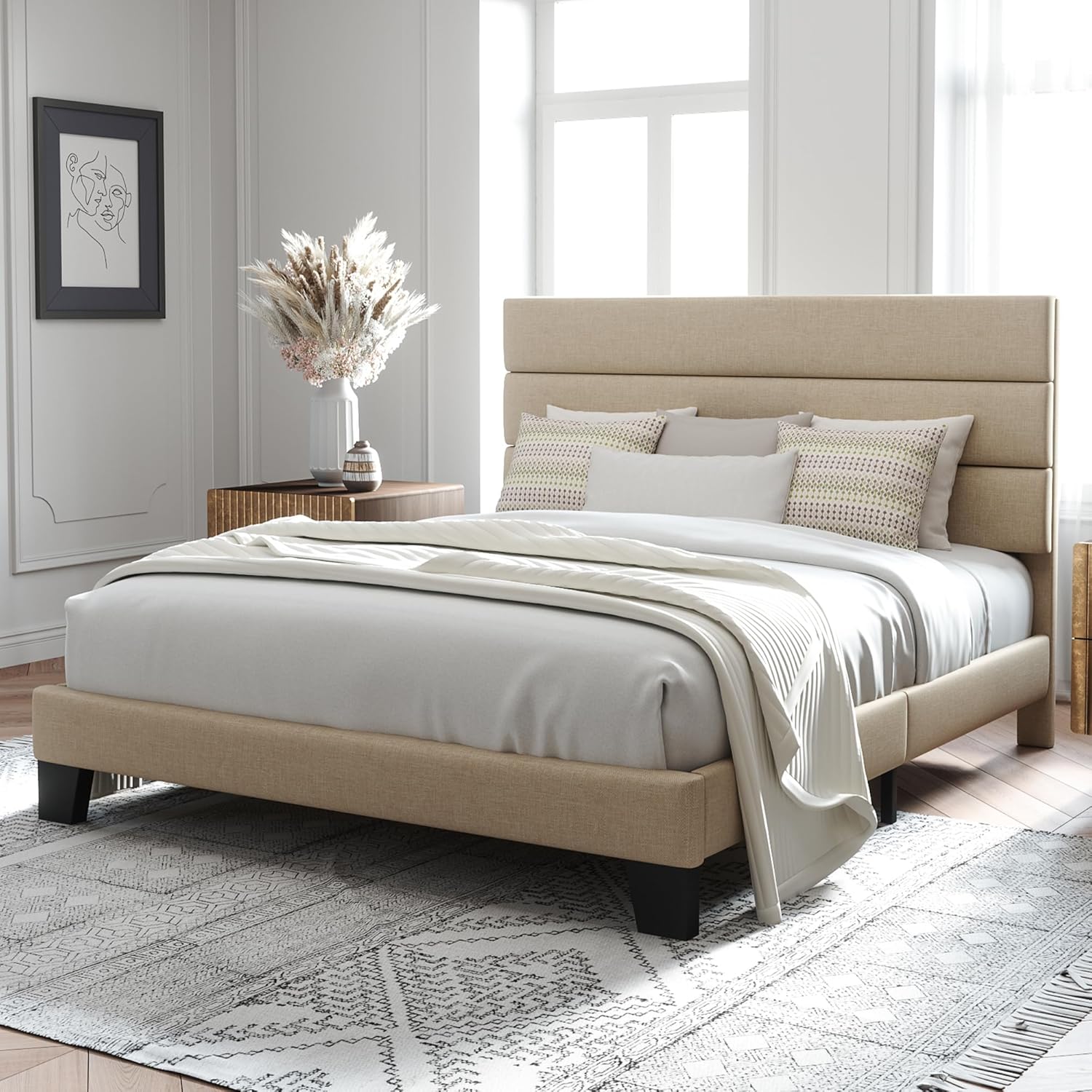 Allewie Queen Size Platform Bed Frame Fabric Upholstered Headboard Wooden Slats Support wourant