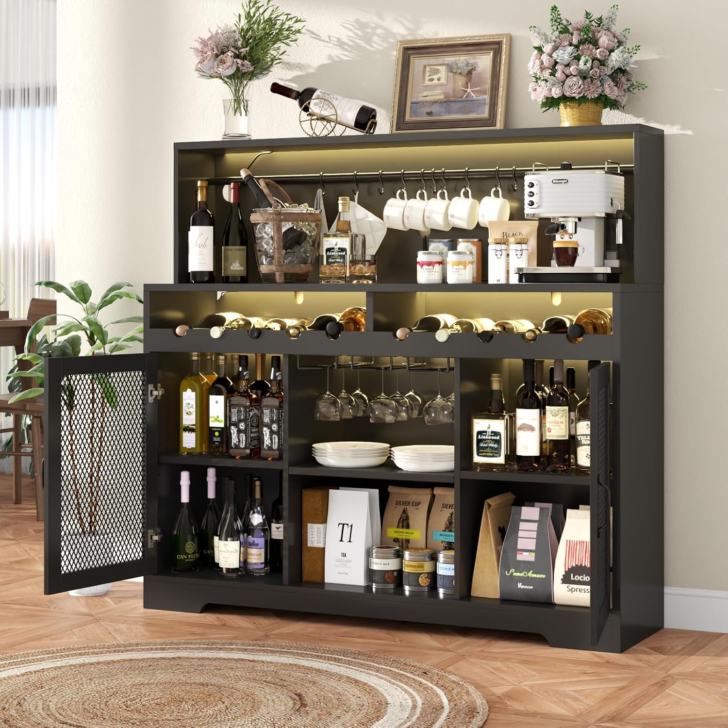 Wine Bar Cabinet with LED Light, Liquor Cabinet with Glass Holder, Coffee Bar for Liquor, Storage Buffet with Wine Racks, Wine Cabinet wourant
