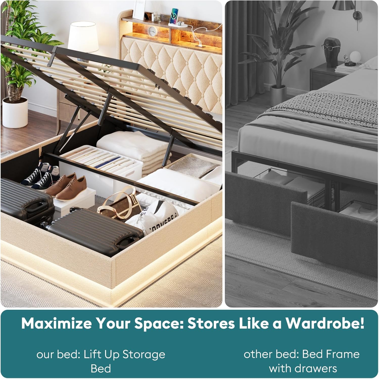 Queen Bed Frame Storage Lift Up Queen Size Bed Frame Headboard Upholstered Platform Bed wourant