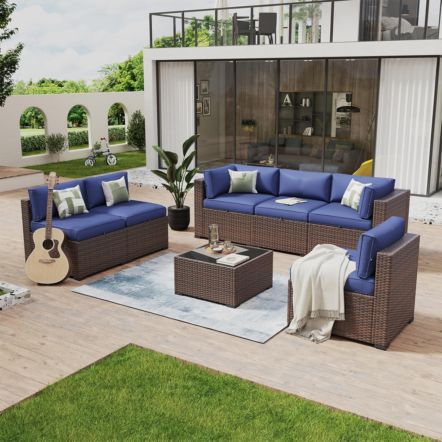 Aoxun 8 Piece Patio Furniture Set with 44?Fire Pit Table Wicker Rattan Outdoor Sectional Sofa Set with Coffee Table and Thickened Cushions, Beige (Waterproof Cover Included) woonhhop