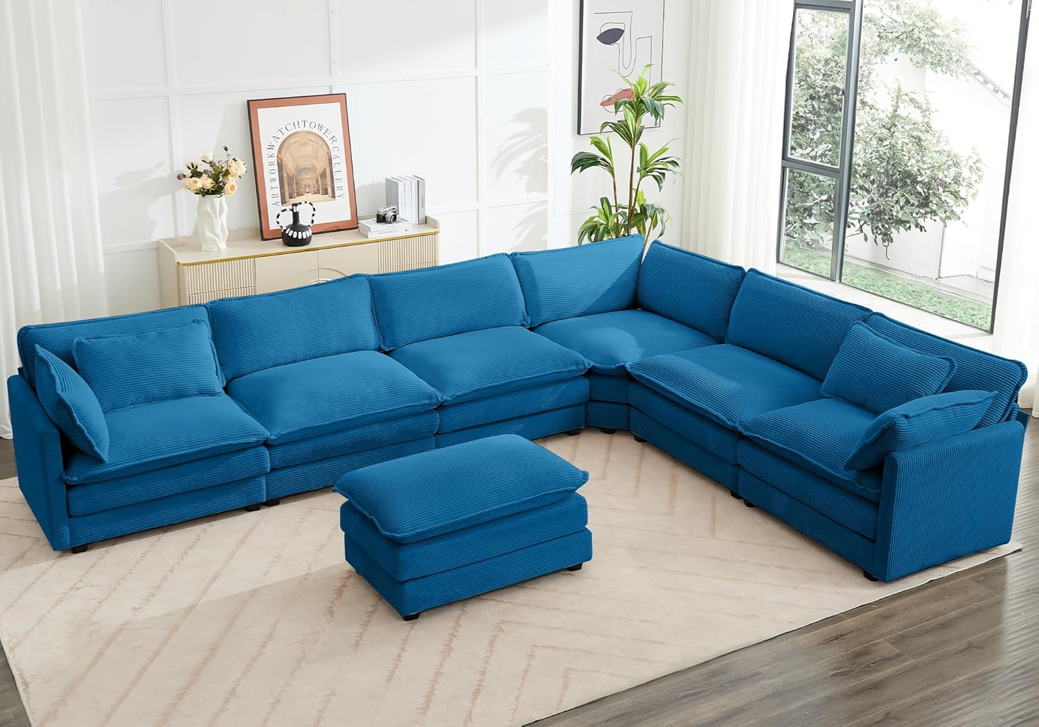 ROWHY Oversized Modular Sectional Sofa with Movable Ottoman, 112 Inch 4 Seat Modern Corduroy Sofa Set, Convertible L Shaped Couch for Living Room and Office, Beige wourant