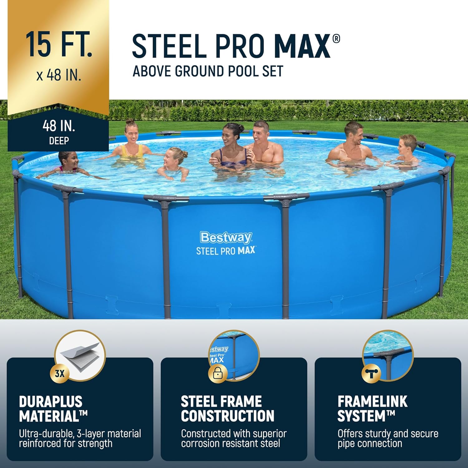 Steel Pro MAX 14 Foot x 48 Inch Round Metal Frame Above Ground Outdoor Swimming Pool Set with 1,000 Filter Pump, Ladder, and Cover, Gray wourant