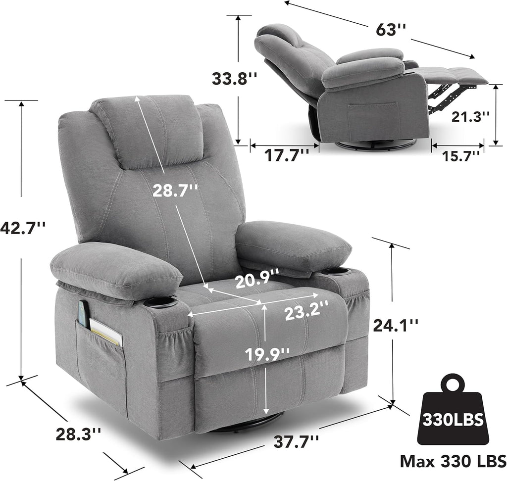 Large Swivel Rocking Recliner with Heating and Massage Function, 360 Degree Swivel Rocking Single Sofa wourant
