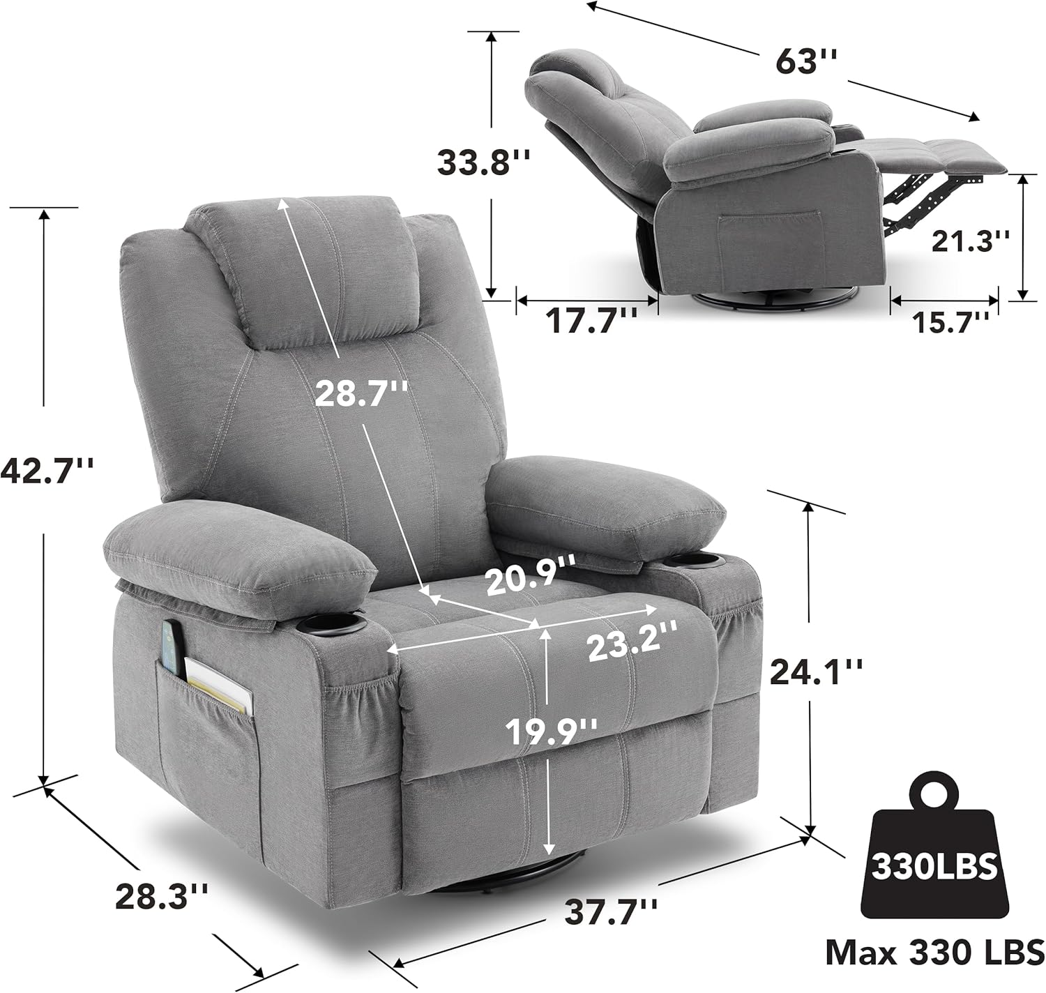 Large Swivel Rocking Recliner with Heating and Massage Function, 360 Degree Swivel Rocking Single Sofa wourant