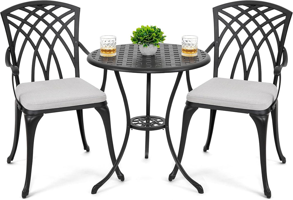 NUU GARDEN Bistro Set 3 Piece Outdoor Cast Aluminum Patio Bistro Set Patio Table and Chairs Set of 2 with Umbrella Hole and Gray Cushions, Black wourant