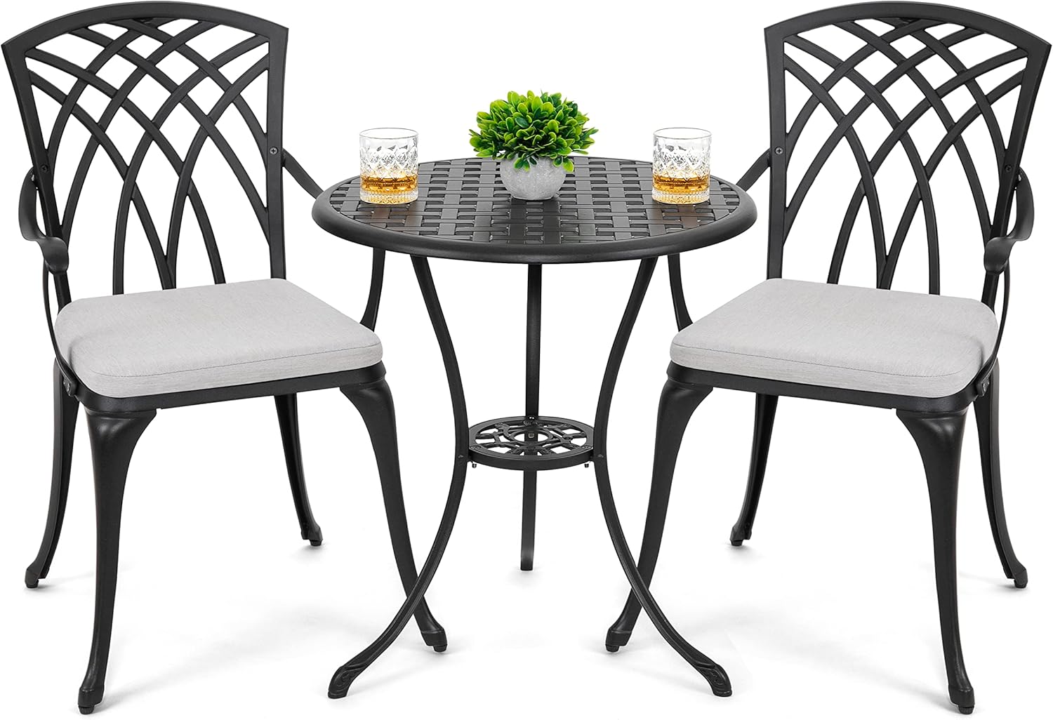 NUU GARDEN Bistro Set 3 Piece Outdoor Cast Aluminum Patio Bistro Set Patio Table and Chairs Set of 2 with Umbrella Hole and Gray Cushions, Black wourant
