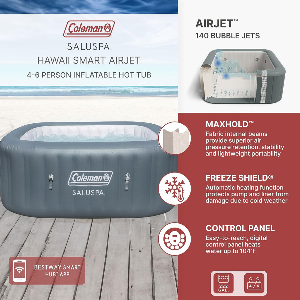 Coleman SaluSpa Atlantis AirJet 4 to 6 Person Inflatable Hot Tub Square Portable Outdoor Spa with 140 Soothing Jets with Cover, Blue wourant