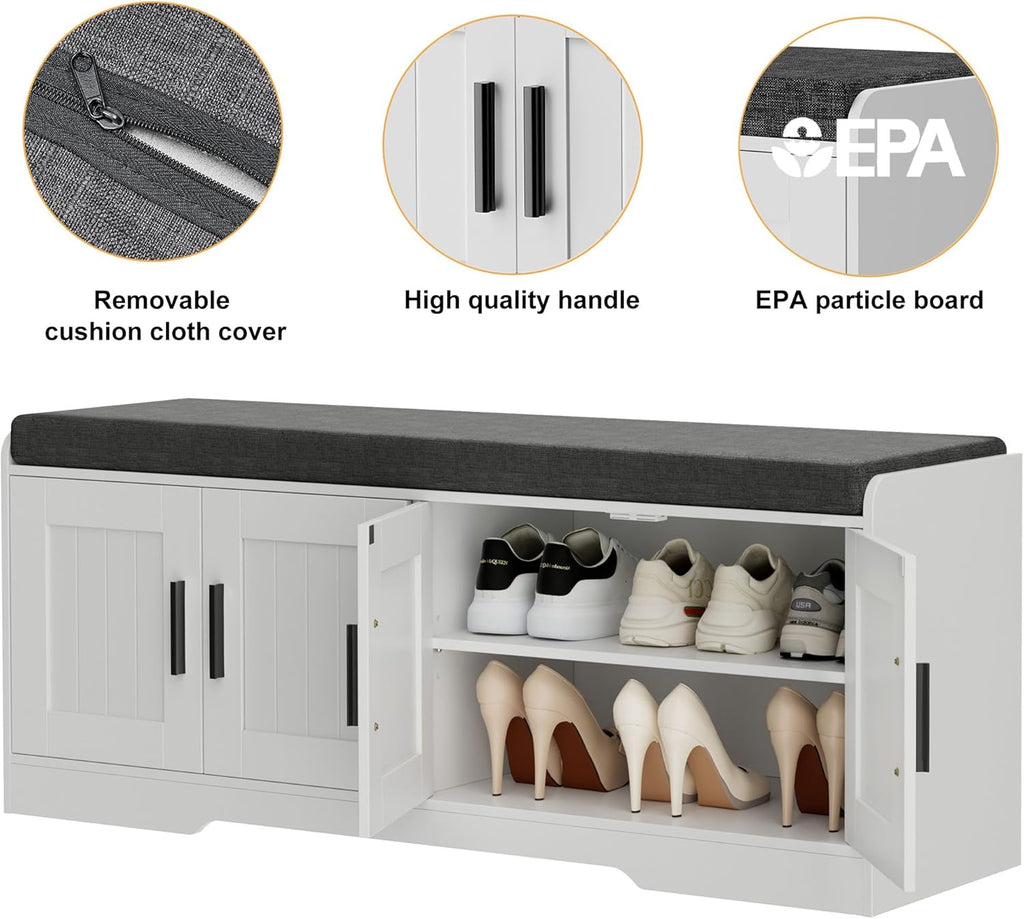 2-Tier Storage Bench, Shoe Bench with Thickened Padded Seat Cushion, Entryway Bench with 4 Doors, Adjustable Shelf, 13.8" D x 45.3" W x 18.5" H, for Entryway, Living Room, Bedroom, White wourant