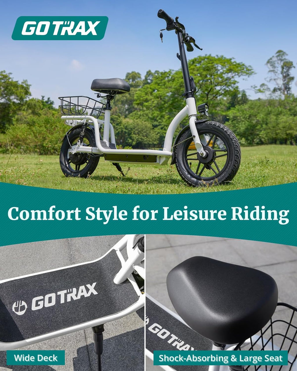Gotrax adult electric scooter with seat, maximum range of 19-25 miles, all-terrain tires, wide pedals, padded seat, and carrycot wourant