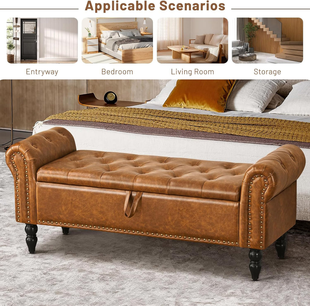 Furniliving Modern Storage Ottoman Bench, Sherpa Ottoman End of Bed Bench with Solid Wood Legs Upholstered Ottoman Benches with Storage Indoor Bench wourant