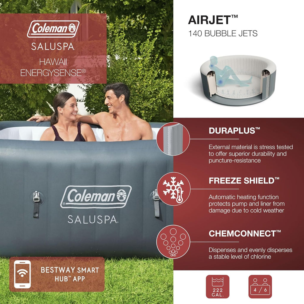 Coleman SaluSpa Atlantis AirJet 4 to 6 Person Inflatable Hot Tub Square Portable Outdoor Spa with 140 Soothing Jets with Cover, Blue wourant