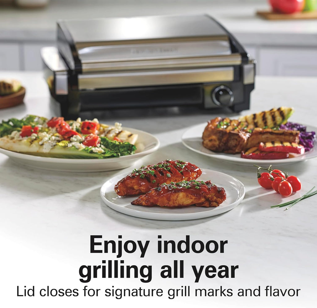 Electric Indoor Searing Grill with Viewing Window & Adjustable Temperature Control to 450F, 118 sq. in. Surface Serves 6, PFAS-Free Removable Nonstick Grate, Stainless Steel wourant