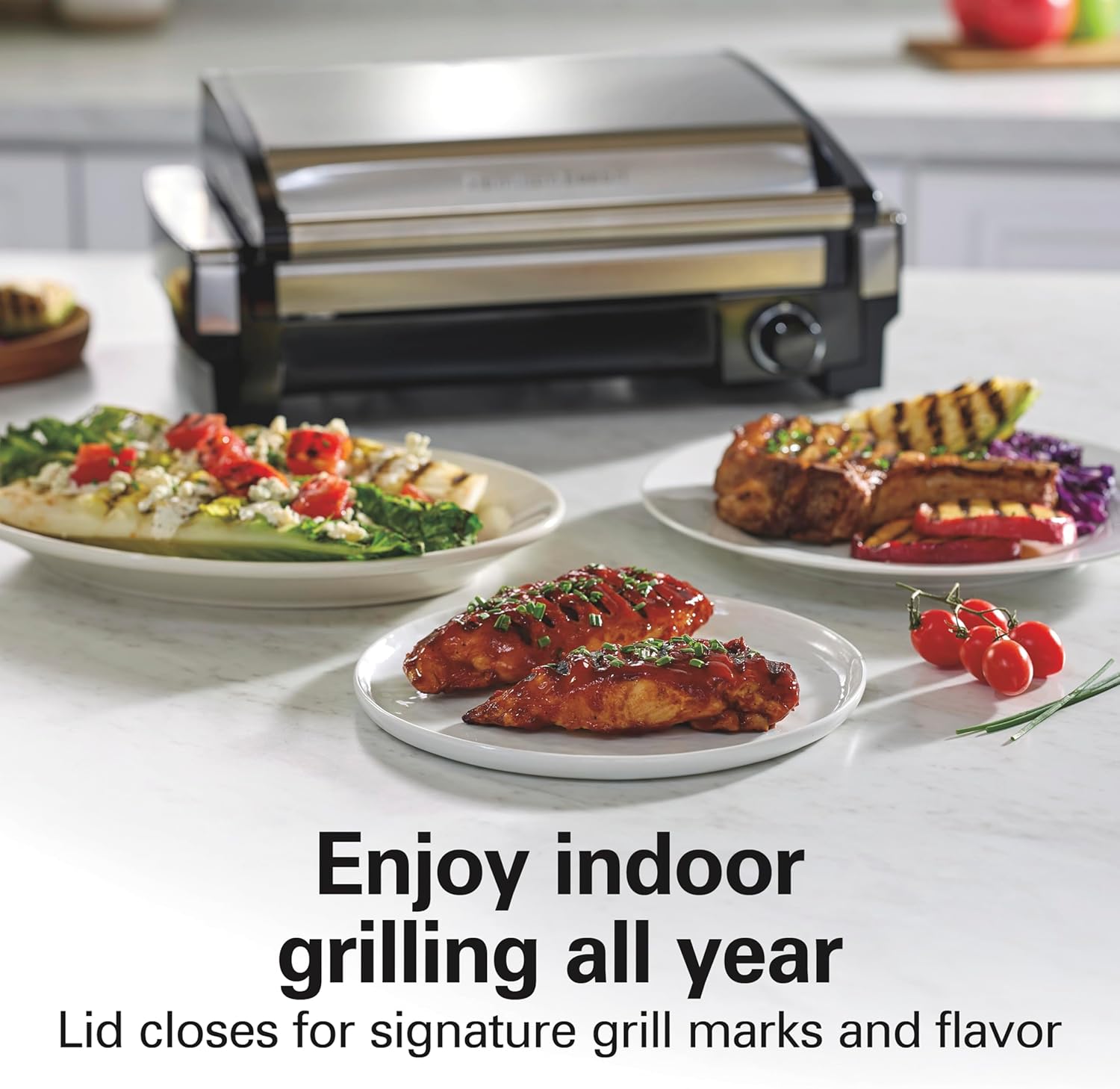 Electric Indoor Searing Grill with Viewing Window & Adjustable Temperature Control to 450F, 118 sq. in. Surface Serves 6, PFAS-Free Removable Nonstick Grate, Stainless Steel wourant