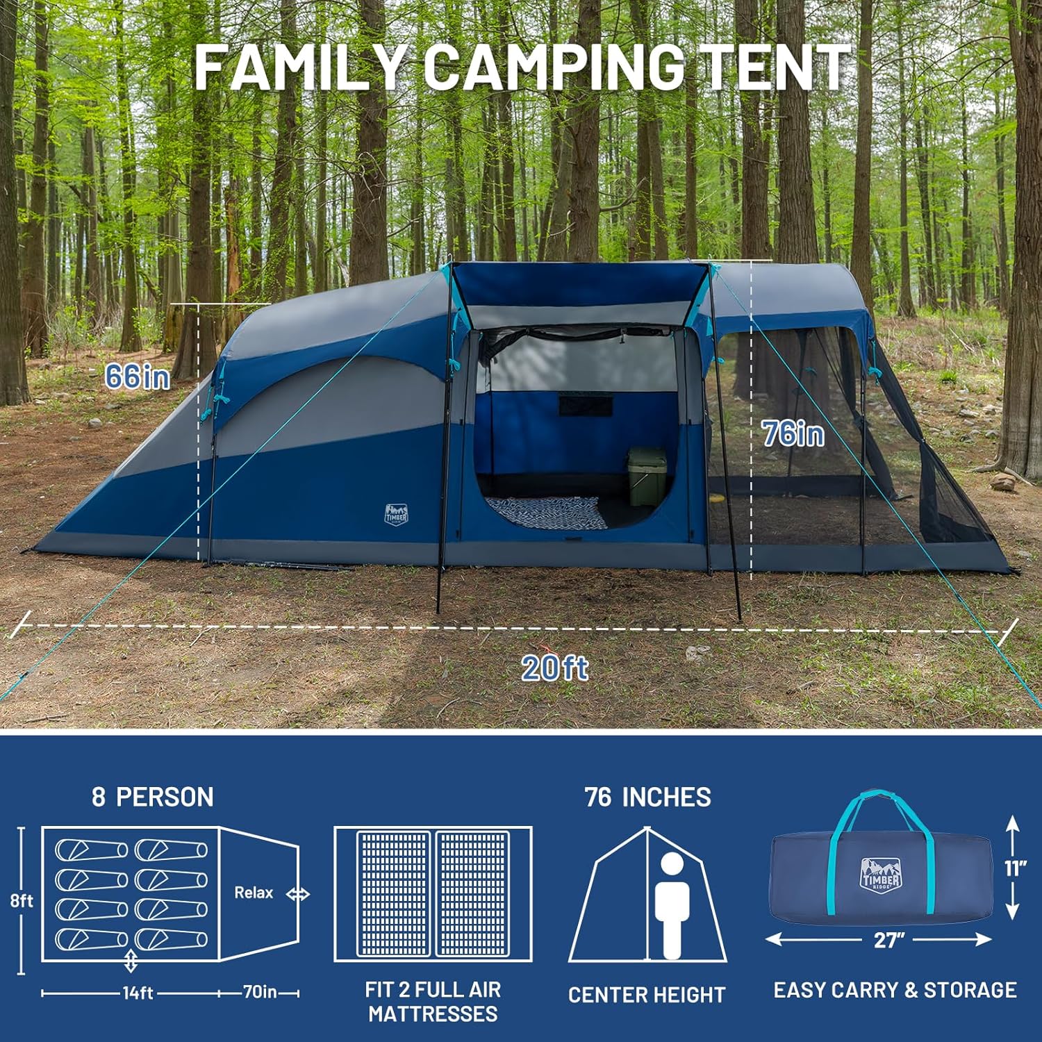 TIMBER RIDGE 8 Person Family Camping Tent with Screen Room, Double Layer Waterproof Weather Resistant Big Tunnel Tent with Rainfly Carry Bag, Large Family Tent for Outdoor Party 20ft x 8ft x 76in wourant
