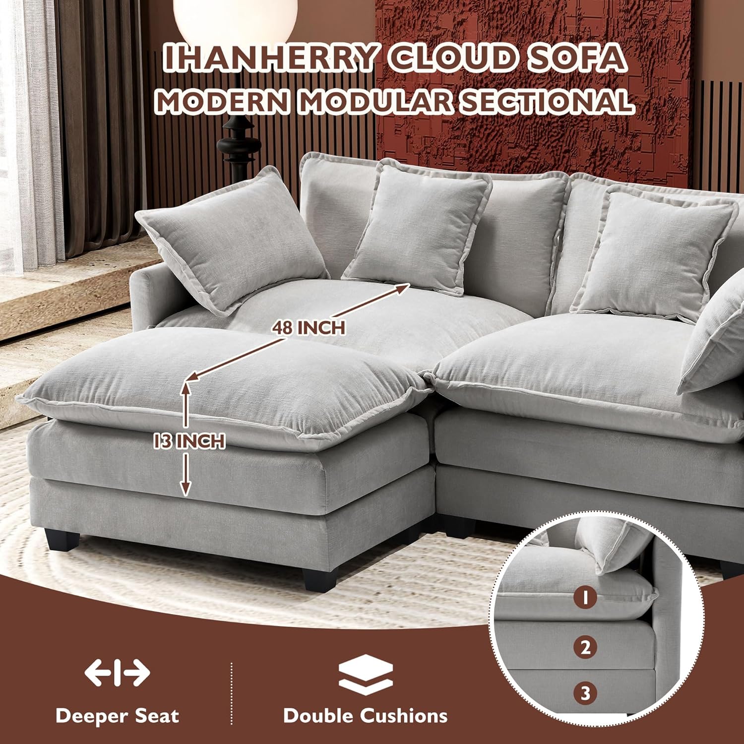 Ihanherry 146" U-Shaped Modern Sofa Modular Sectional Cloud Couch with 2 Ottoman, 6-Seat Chenille Deep Seat Sofa with 6 Pillows for Living Room, Bedroom and Apartment, Grey wourant