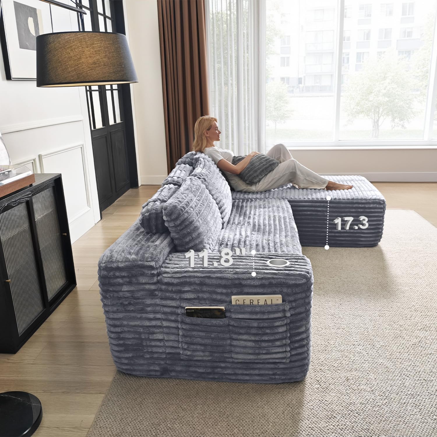 Cloud Sectional Couch with L-Shape Chaise Modern Modular Sofa Deep Seat Built-in Cup Holder wourant