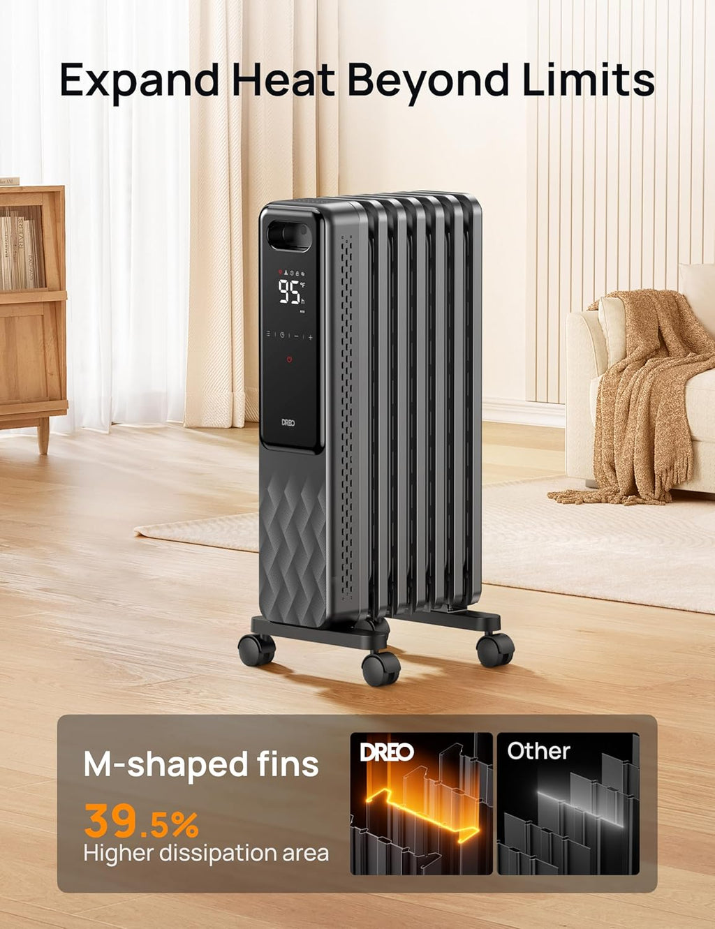 Indoor electric radiant heater with overheat and tip-over protection, digital thermostat, oil-filled radiator wourant