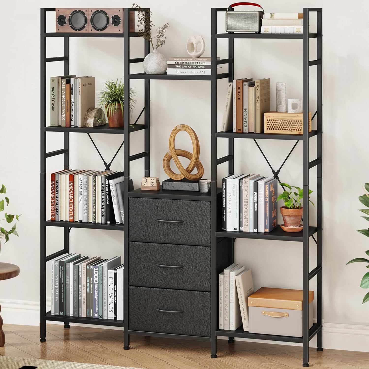 AFLUI Triple Bookshelf 3 Fabric Drawers 4-Tier Book Shelf 10 Display Shelves Industrial Bookcase wourant