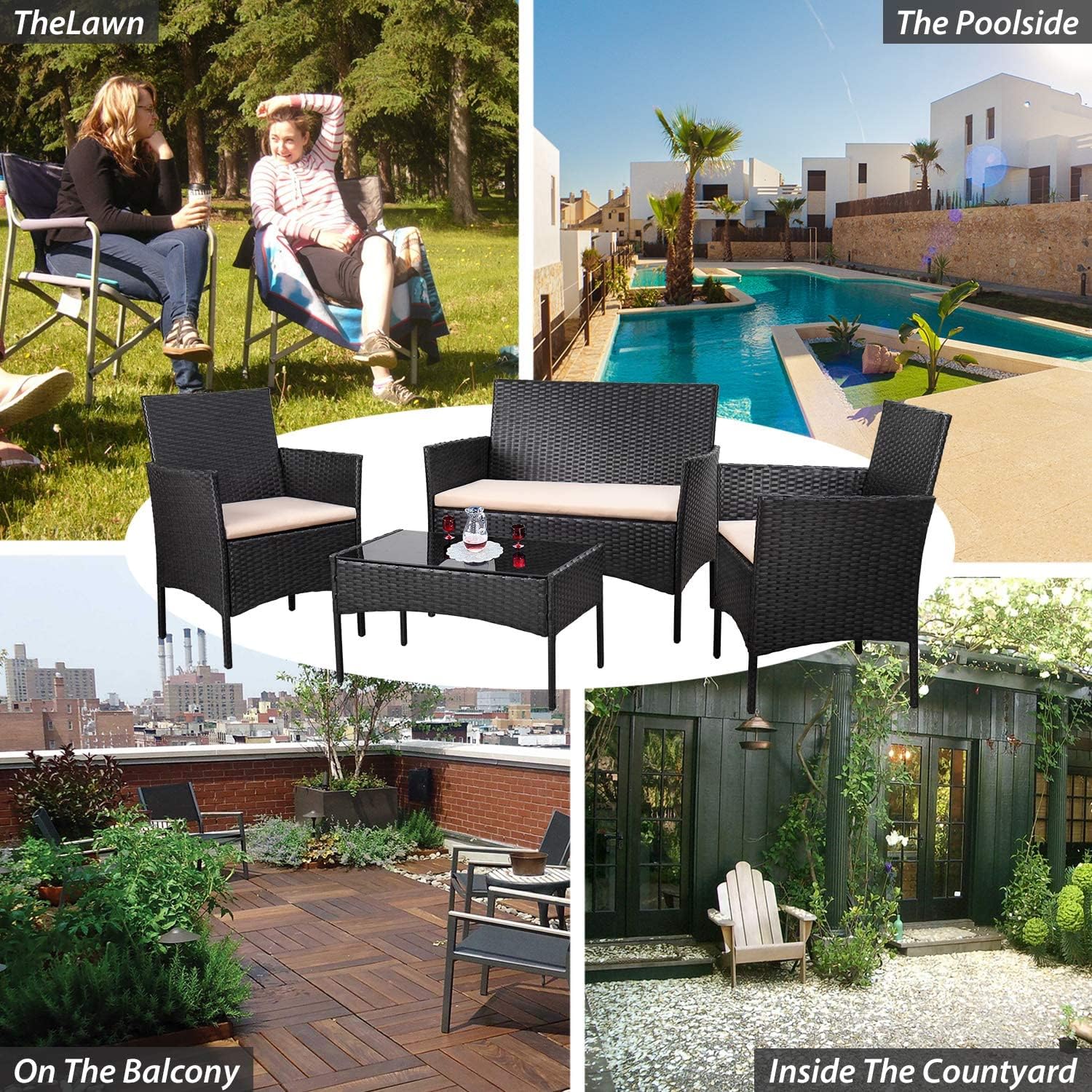 Homall 4 Pieces Outdoor Patio Furniture Sets Rattan Chair Wicker Set, Outdoor Indoor Use Backyard Porch Garden Poolside Balcony Furniture Sets (Grey) wourant