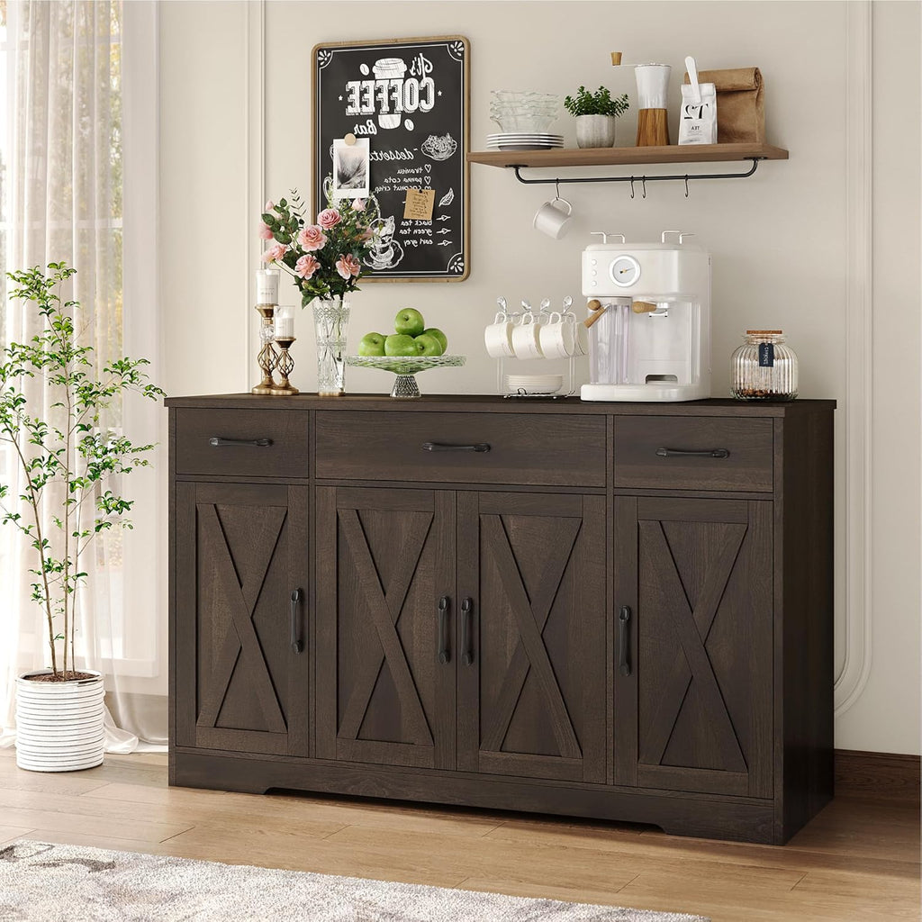 HOSTACK Buffet Cabinet with Drawers, 55" Large Sideboard Buffet Storage Cabinet with Shelves and Doors, Modern Farmhouse Coffee Bar Station Wood Kitchen Table for Kitchen, Dining Room, White/Rustic wourant
