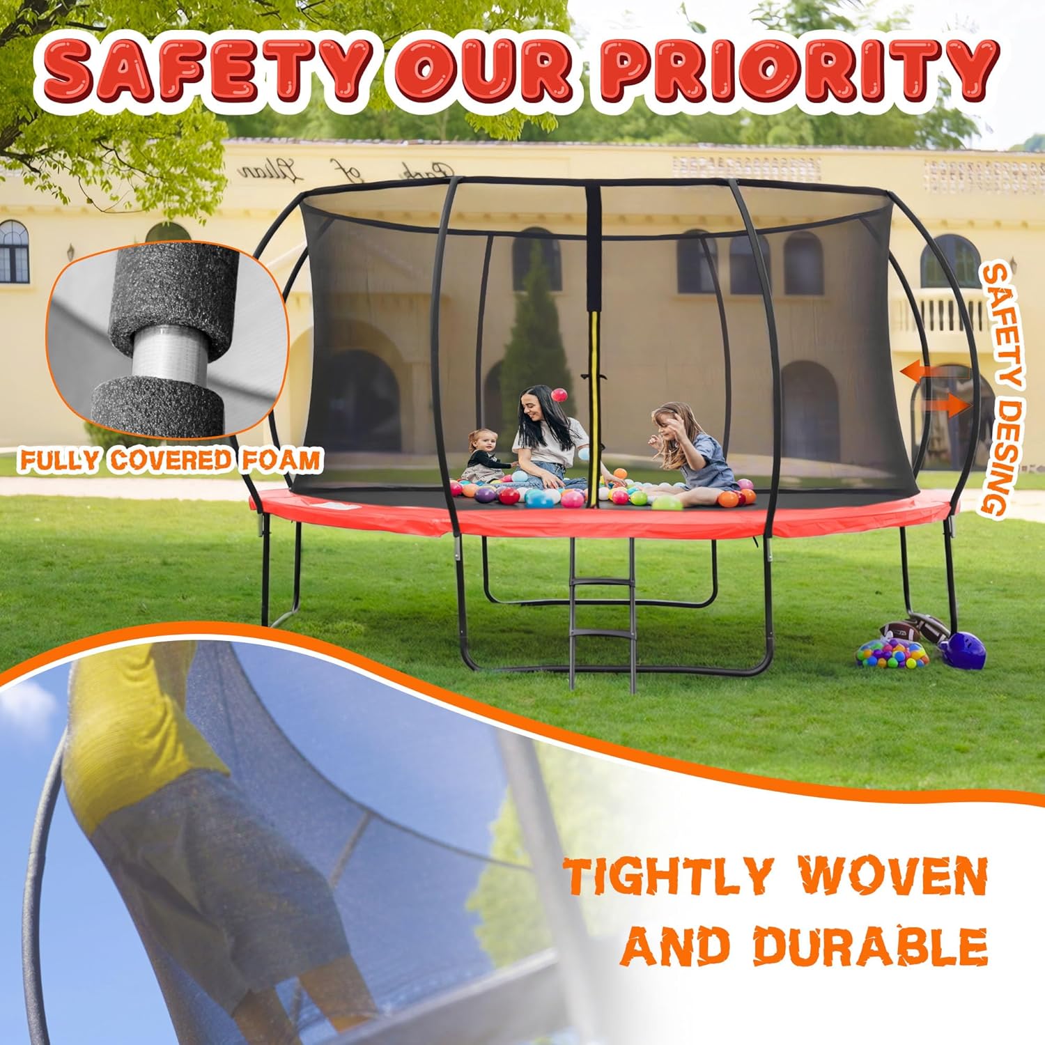 Trampoline 8FT 10FT 12FT 14FT 16FT, Recreational Trampolines with Enclosure Net and Ladder, Outdoor Anti-Rust Trampolines for Kids and Adults, ASTM Approved wourant