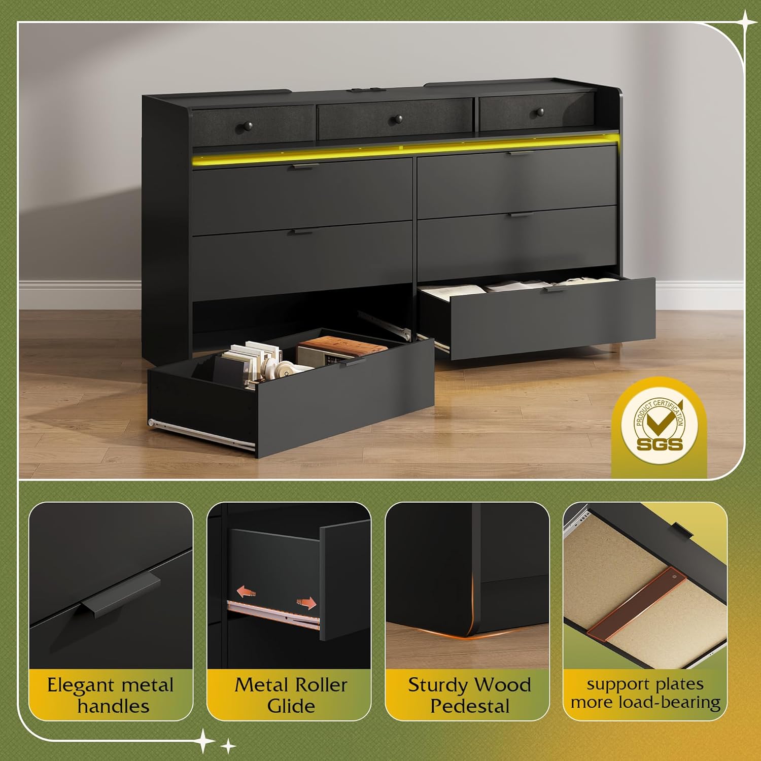 9 Drawer Led Dresser for Bedroom, 58.35'' Wide Wood Dresser Storage Organizer with Power Outlets for 65'' TV, Dressers with Open Shelves wourant
