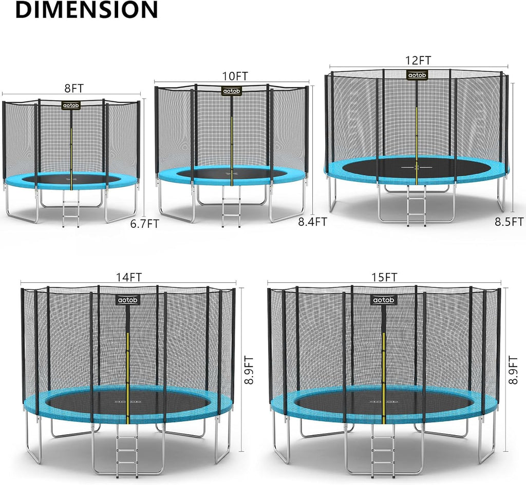 AOTOB 8FT 10FT 12FT 14 FT 15FT Trampoline with Safety Enclosure Net，Outdoor Trampoline with Basketball Hoop, Heavy Duty Jumping Mat and Spring Cover Padding for Kids and Adults, Storage Bag and Ladder wourant
