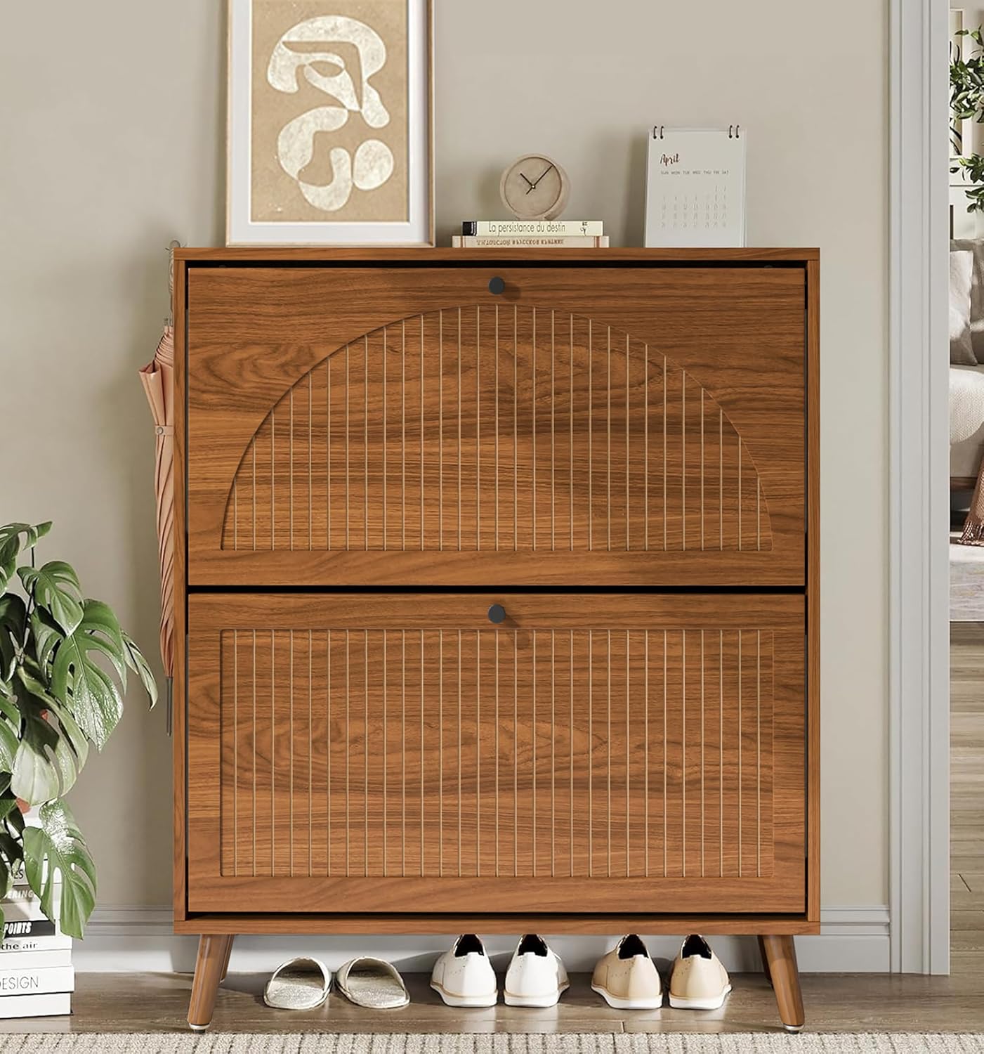 Entrance shoe cabinet with 2 flip-top drawers, narrow wooden shoe cabinet with fluted panels wourant
