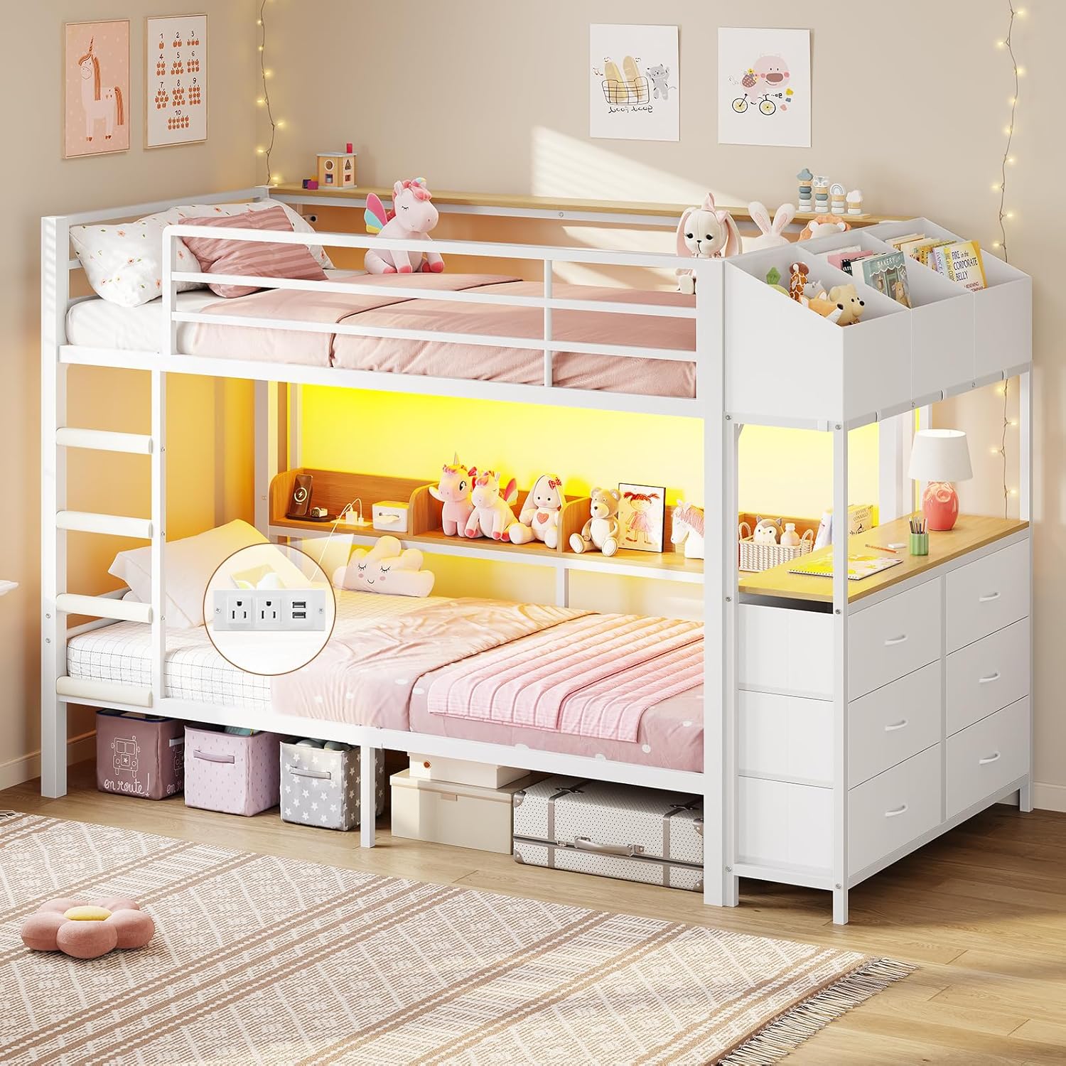 DICTAC Bunk Bed with L-Shaped Desk 5 Storage Drawers and 2 Shelves Metal Twin XL wourant