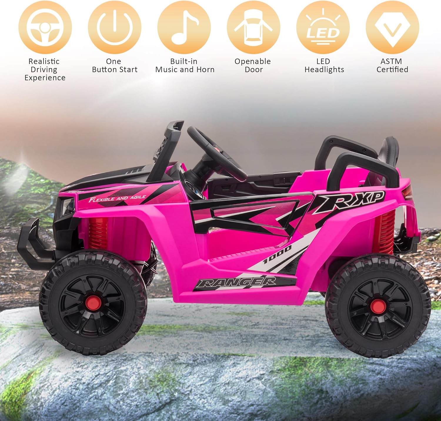 TOBBI 12V Kids Ride on Car, Electric Off-Road UTV Truck with Diverse Functions, Double Open Doors, Safety Belt, Horn, Music, and Lights for Kids Aged 3-5 Years (Rose Red) wourant