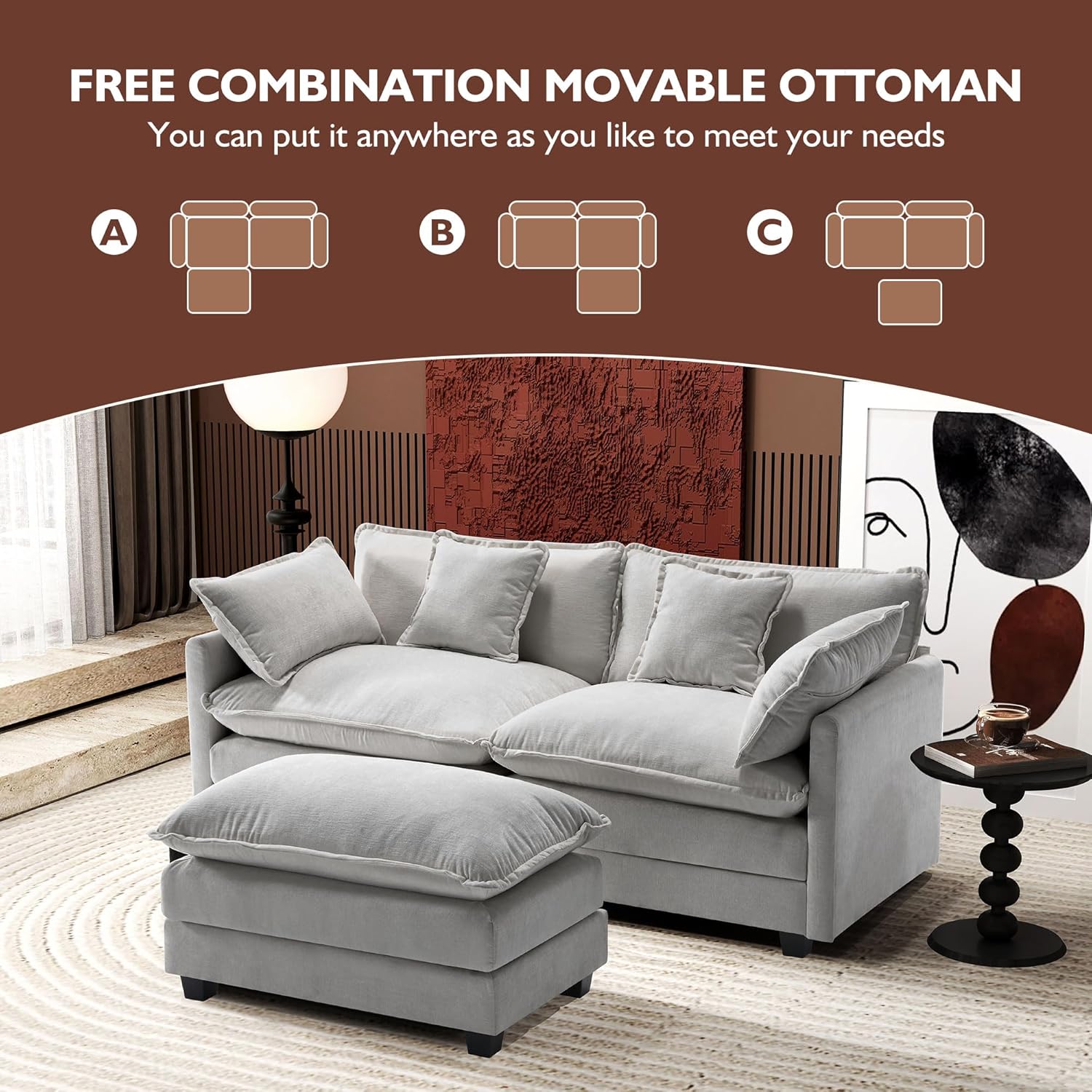 111.4 Inch L-Shaped Modern Sofa Modular Cloud Sofa Ottoman 4-Seater Chenille Deep Seat Sofa wourant