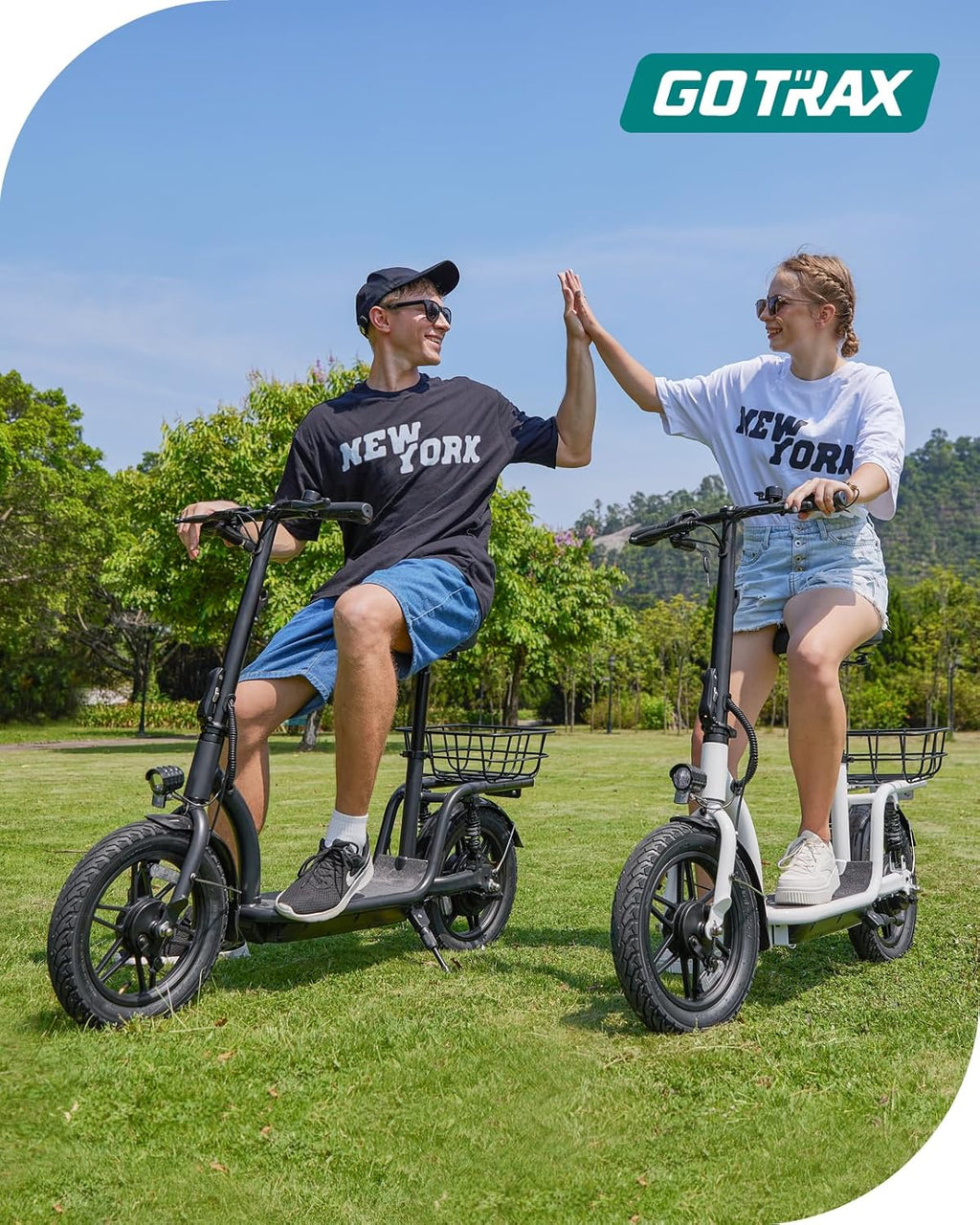 Gotrax adult electric scooter with seat, maximum range of 19-25 miles, all-terrain tires, wide pedals, padded seat, and carrycot wourant