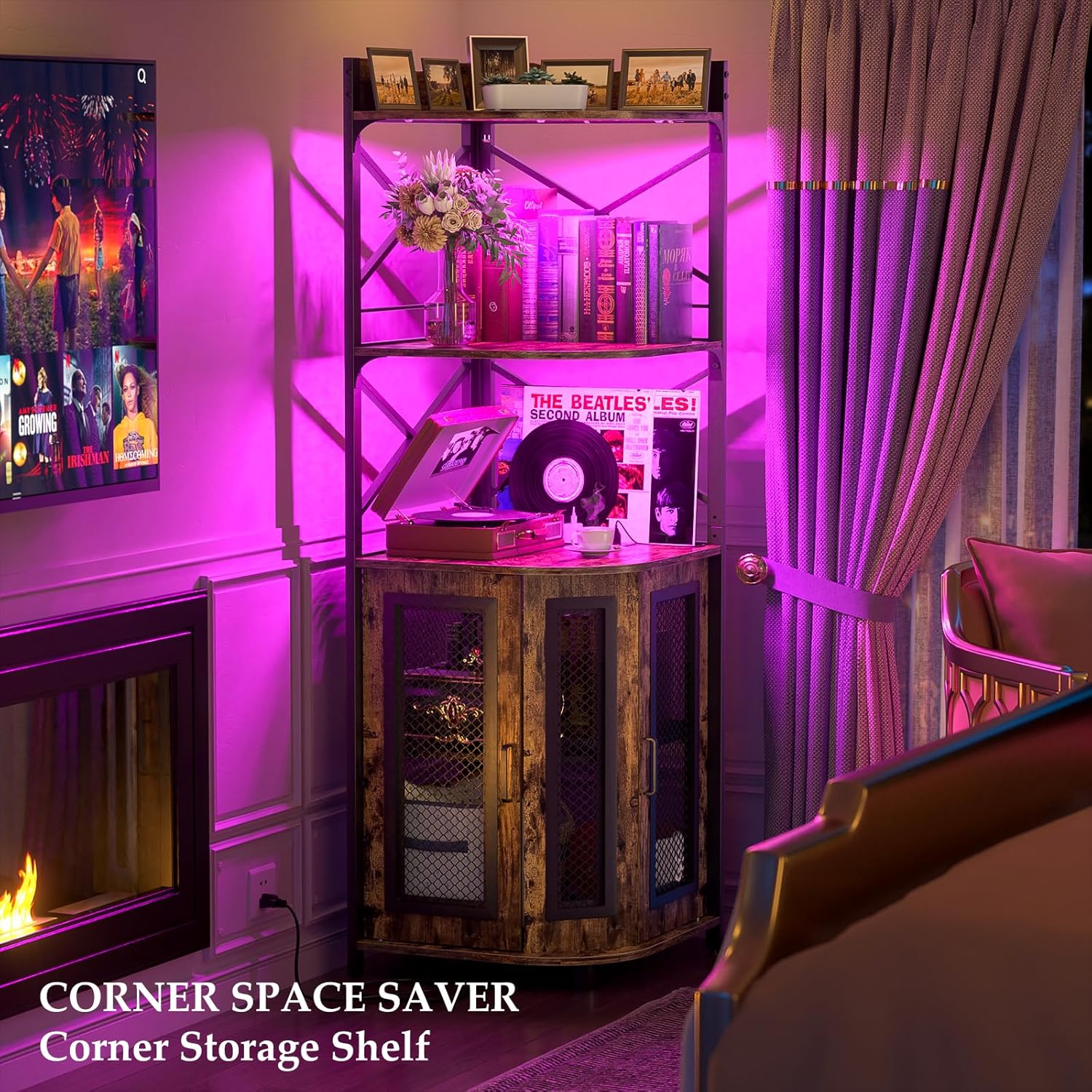 Aheaplus Corner Bar Cabinet with Power Outlet, Industrial Wine Cabinet with LED Strip and Glass Holder, 5-Tiers Liquor Cabinet Bar Unit for Home, Corner Display Cabinet for Small Space, White Oak wourant