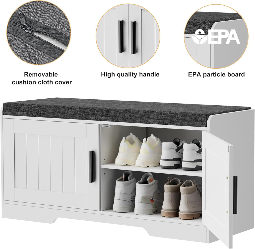 2-Tier Storage Bench, Shoe Bench with Thickened Padded Seat Cushion, Entryway Bench with 4 Doors, Adjustable Shelf wourant