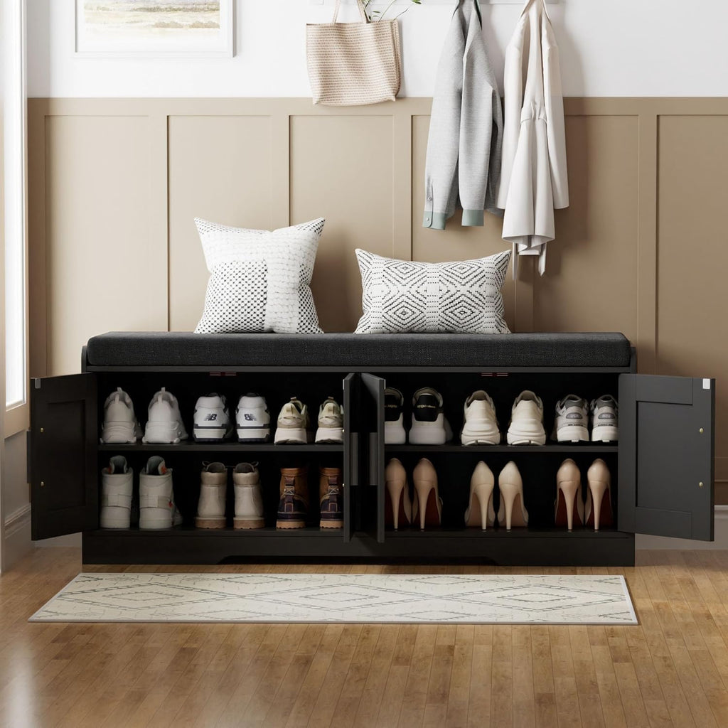 2-Tier Storage Bench, Shoe Bench with Thickened Padded Seat Cushion, Entryway Bench with 4 Doors, Adjustable Shelf, 13.8" D x 45.3" W x 18.5" H, for Entryway, Living Room, Bedroom, White wourant
