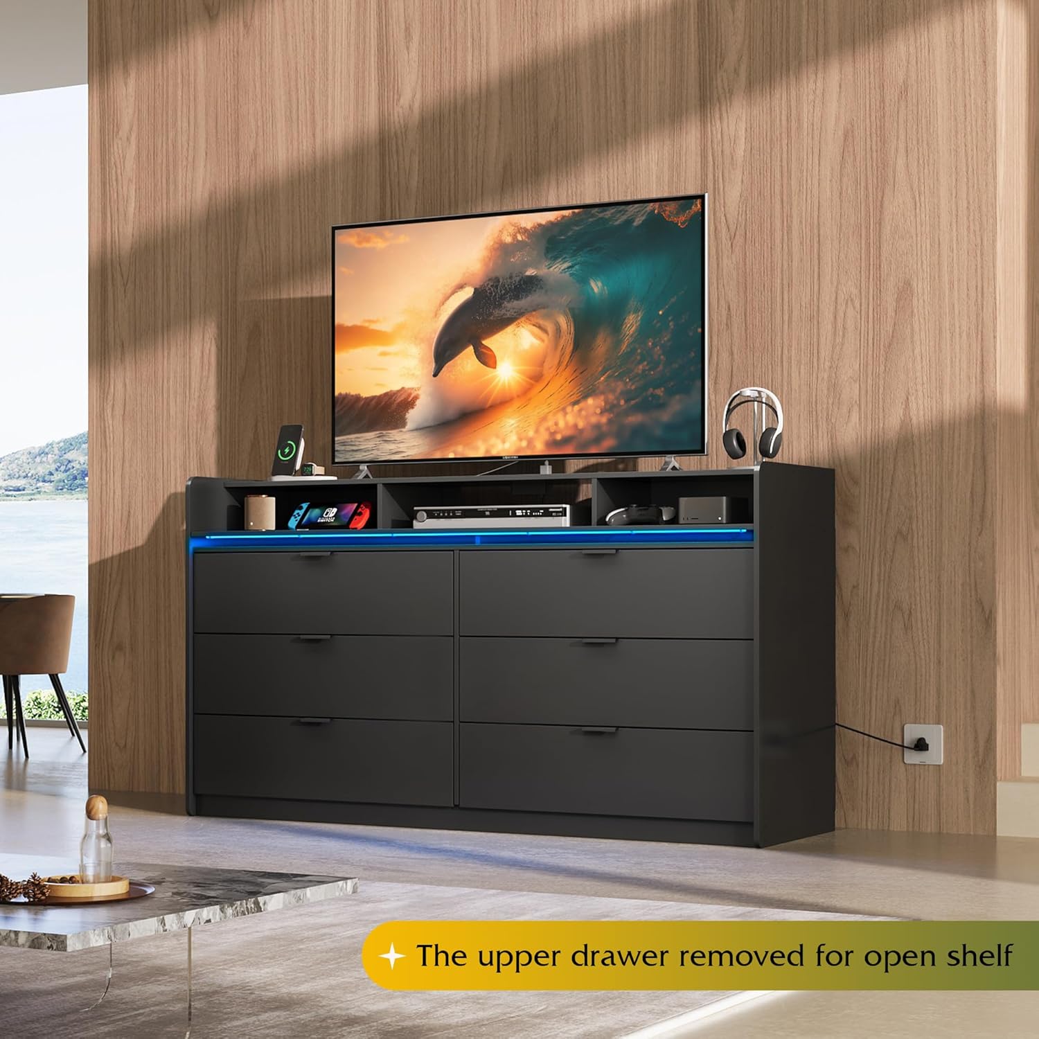 9 Drawer Led Dresser for Bedroom, 58.35'' Wide Wood Dresser Storage Organizer with Power Outlets for 65'' TV, Dressers with Open Shelves wourant
