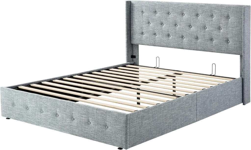 Allewie Queen Size Lift Up Storage Bed Modern Wingback Headboard Hydraulic Support wourant