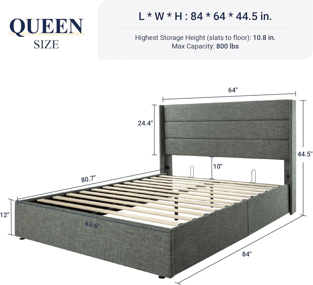 Allewie Queen Size Lift Up Storage Bed Modern Wingback Headboard Hydraulic Support wourant