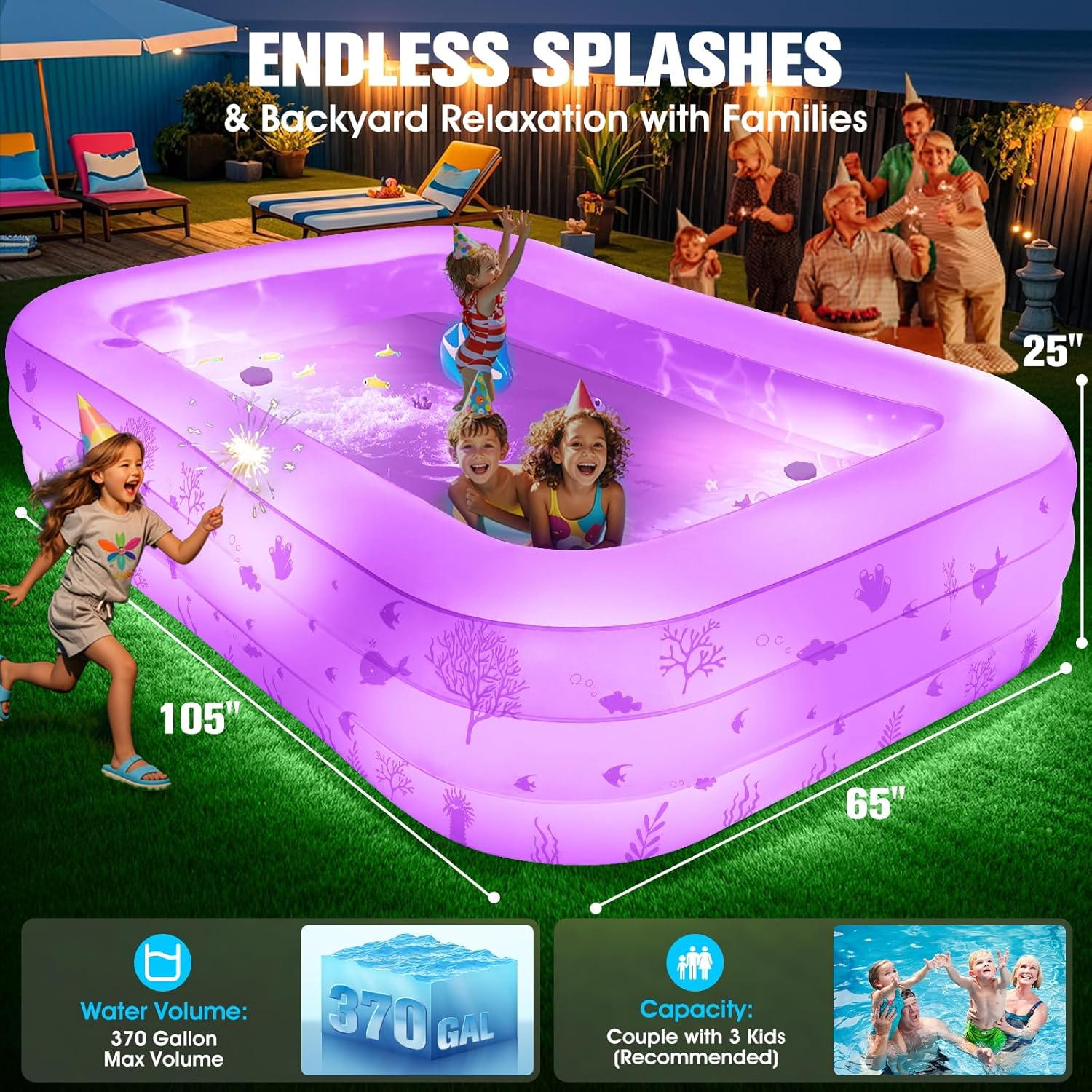 Inflatable Pool with Seat and Pool Lights, Durable Thickened Large Size Family Inflatable Pools for Adults Blow Up Pools,105" x 65" x 25"Swimming Inflatable Kids PooI for Backyard,Outdoor (White) wourant