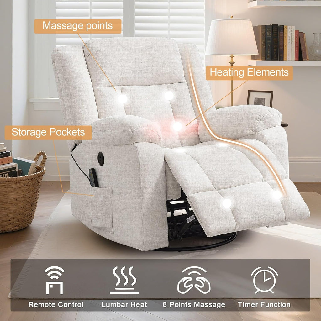Adult rocking chair, gliding recliner, 360° rotating rocking chair with massage and heating function wourant