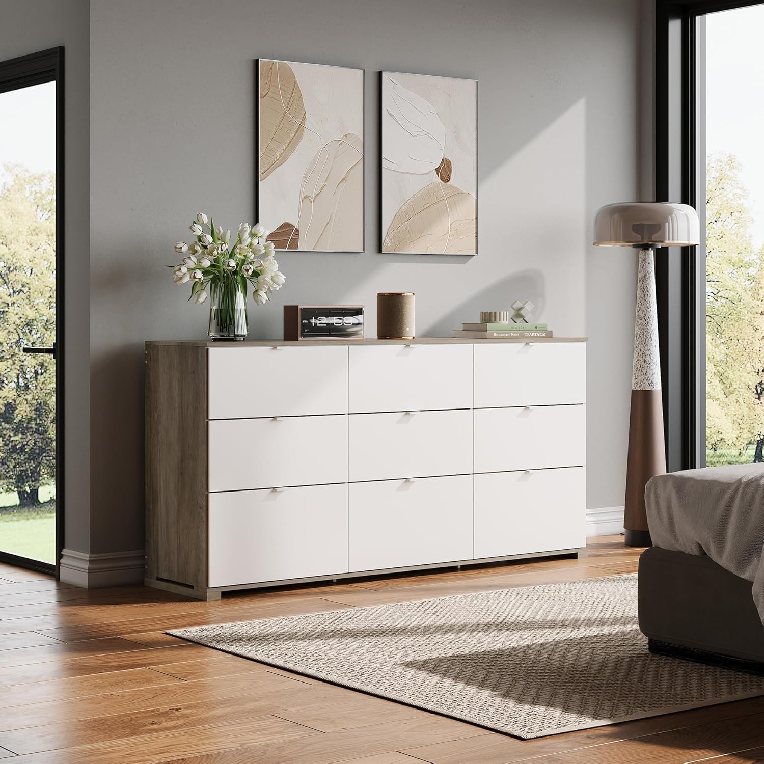 9 Drawer Led Dresser for Bedroom, 58.35'' Wide Wood Dresser Storage Organizer with Power Outlets for 65'' TV, Dressers with Open Shelves wourant