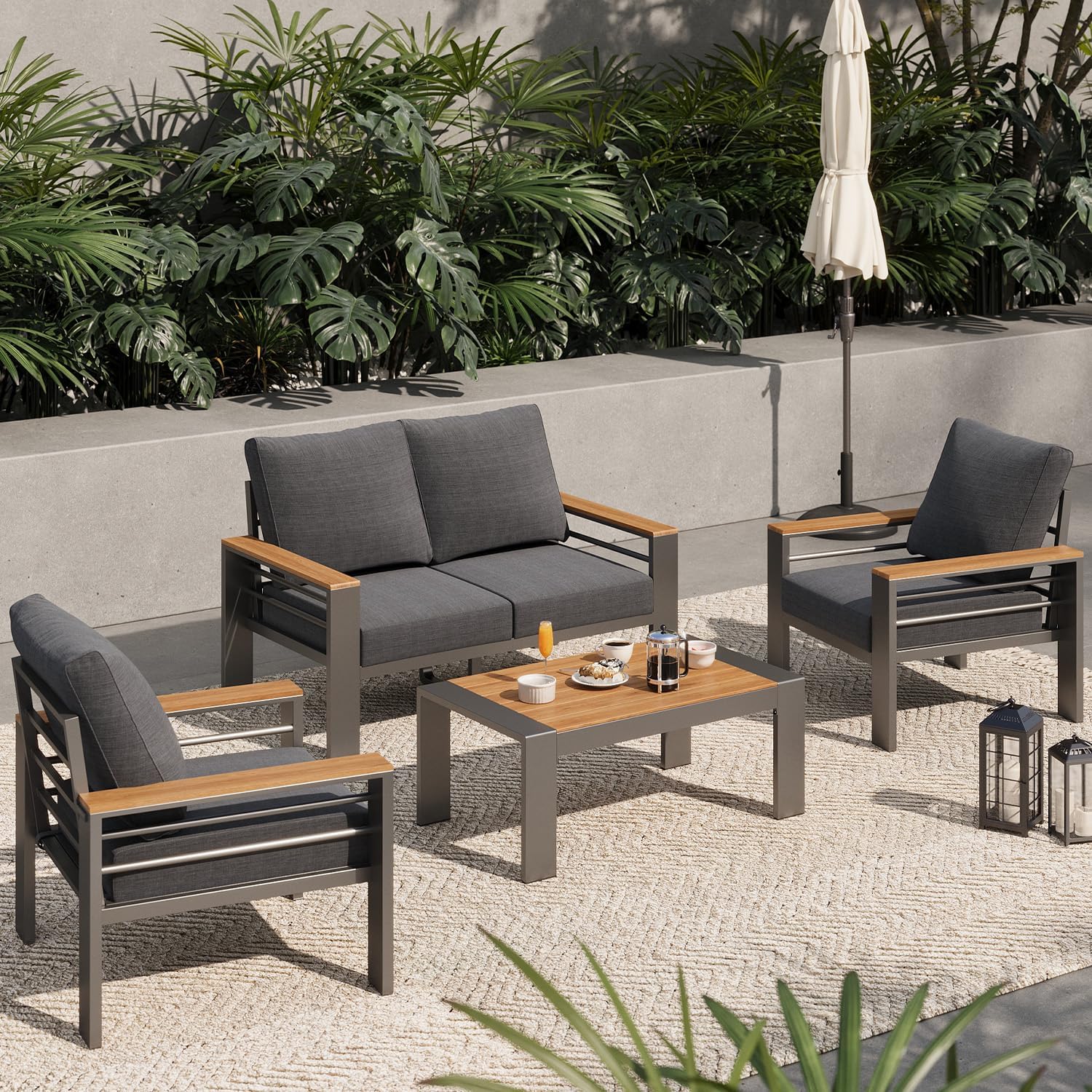 Aoxun Aluminum Outdoor Patio Furniture Set, 5 Seats Outdoor Sectional with Coffee Table, Patio Conversation Sets with Upgraded Armrests and Cushions for Backyard, Garden and Poolside woonhhop