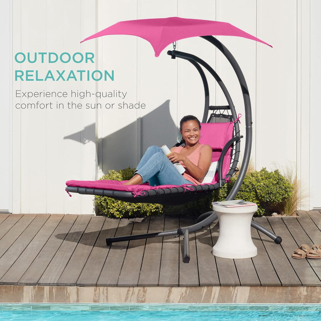 Best Choice Products Outdoor Hanging Curved Steel Chaise Lounge Chair Swing w/Built-in Pillow and Removable Canopy - Charcoal Gray wourant