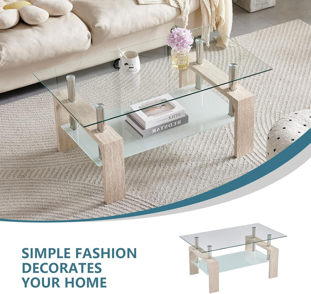 Living Room Rectangle Coffee Table, Tea Table Suitable for Waiting Room, Modern Side Coffee Table with Wooden Leg, Glass Tabletop wourant