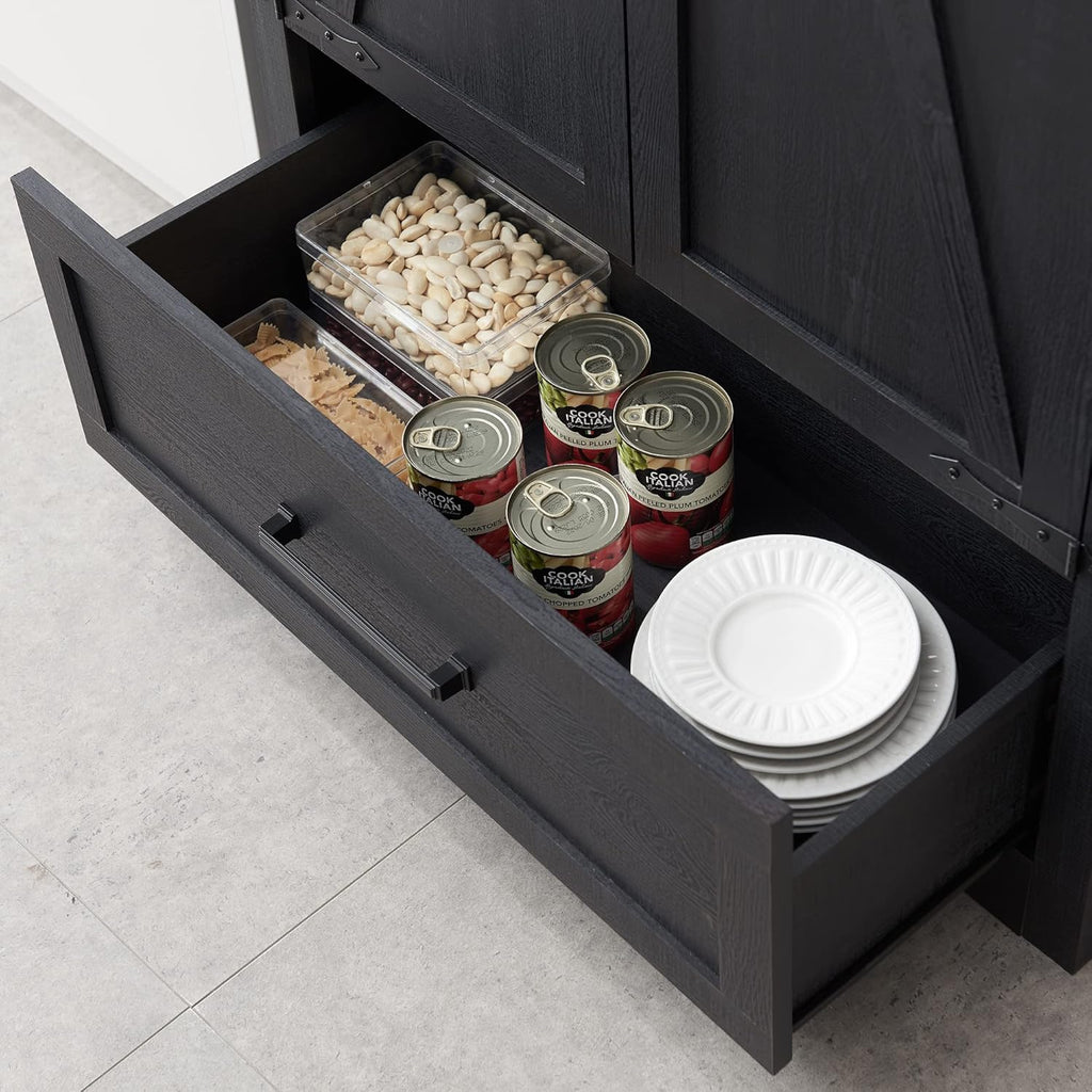 JXQTLINGMU Farmhouse Kitchen Pantry - 72" Tall Wood Kitchen Storage Cabinet with Adjustable Shelves and 2 Barn-Style Doors and Drawers wourant