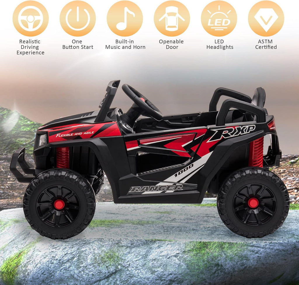 TOBBI 12V Kids Ride on Car, Electric Off-Road UTV Truck with Diverse Functions, Double Open Doors, Safety Belt, Horn, Music, and Lights for Kids Aged 3-5 Years (Rose Red) wourant